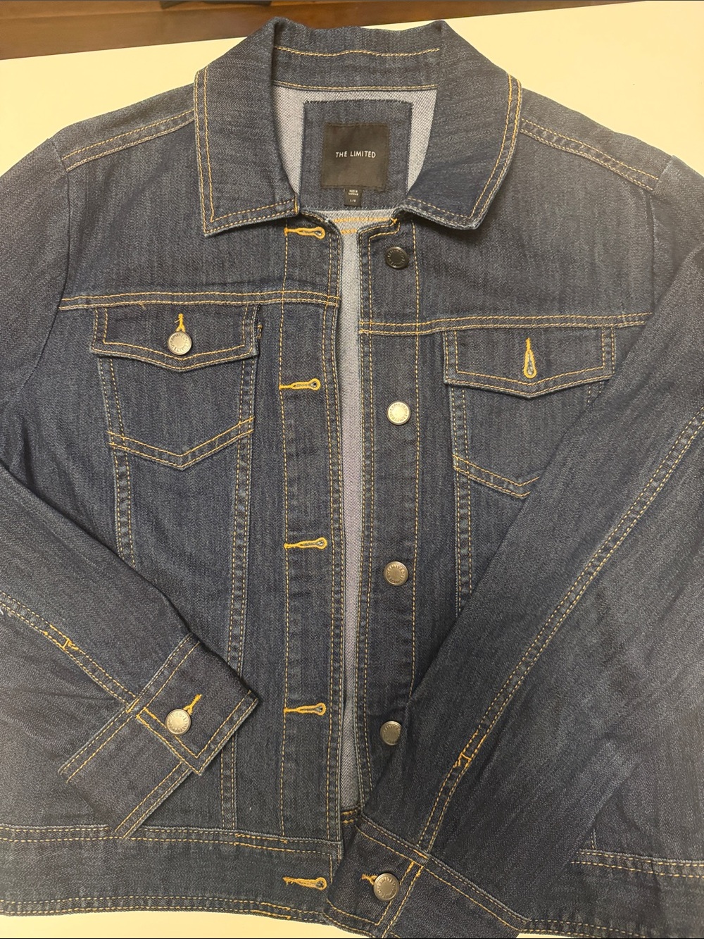 The Limited Dark Blue Denim Jacket with Gold Stitching